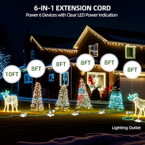 Christmas 50 FT Outdoor Extension Cord with Multiple Outlets, 6 Evenly Spaced Outlets with Indicator Lights, 16/3 SJTW Weatherproof Power Cord Outdoor for Christmas, Halloween, Holiday Decorations - Image 2
