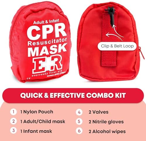 Adult and Infant CPR Mask Combo Kit – Includes 2 CPR Masks with One-Way Valves, Pair of Vinyl Gloves, 2 Alcohol Prep Pads – Portable Emergency CPR Kit – Red - Image 3