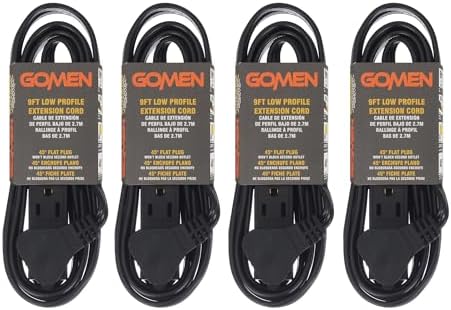 GOMEN 9 Feet Indoor Extension Cord with 3 Outlets, AWG 16/3 Angled Flat Plug Power Strip, 3 Prong Grounded, 13 Amps - 1625 Watts - 125 VAC, Black, 4 Pack by GOMEN