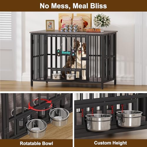 Easycom 41" Dog Crate Furniture Foldable, No Assembly Decorative Dog Kennel Indoor, Dog Crates for Large Dogs(35-60 lb), Wooden Dog Cage with Adjustable Bowls and Name Tag, End Table, Oak Grey - Image 4