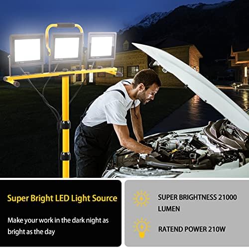 22000 Lumen Work Lights with Stand, 3 Head Portable LED Work Light, with Adjustable&Foldable Tripod Stand, IP66 Waterproof Lamp for Outdoor Indoor Job Site Workshop Garage Construction Site Lighting - Image 3