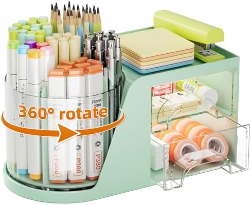 Marbrasse Desk Organizer with 2 Drawer, 360°Rotating Pen Holder, Desk Organizers and Accessories with 6 Slots Pencil Holder + 2 Drawer, Art Supply Storage Box Caddy for Office (Green) by Marbrasse
