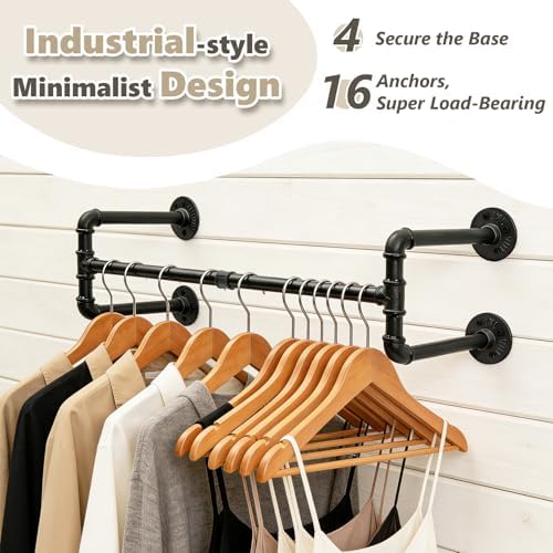 Industrial Pipe Clothing Rack, 32.6 Inch Wall Mounted Garment Rack, Space-Saving Heavy Duty Hanging Closet Rod, Detachable Iron Hanger for Closet and Laundry Room, 4 Bases - Image 6