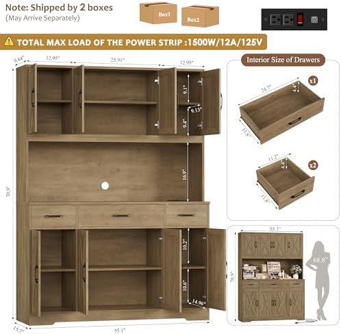 HOSTACK 71" Tall Kitchen Pantry Storage Cabinet, 55" W Kitchen Hutch, Brown - Image 3