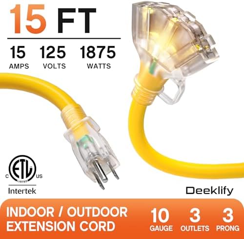 15FT 10 Gauge Extension Cord with Multiple Outlets Outdoor Yellow - Image 2