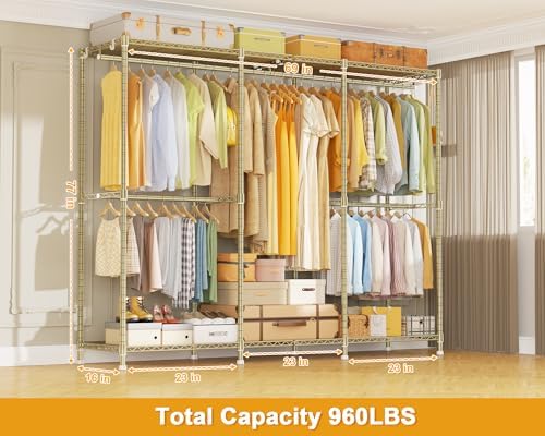 ULIFHOME E14 Pro Heavy Duty Clothes Rack，Freestanding Clothing Racks for Hanging Clothes，Adjustable Closet Organizers and Storage，Metal Garment Rack with Shelves 69"W x16"D x77"H，Max Load 960LBS，Gold - Image 2