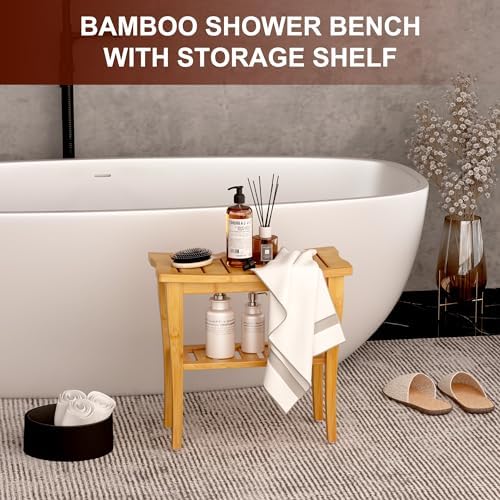 Bamboo Shower Bench Stool with Storage Shelf, Waterproof Shower Chair Spa Bath Seat, Shower Stool for Inside Shower, Bathroom Bench Seat for Adults Elderly Seniors for Indoor or Outdoor Use - Image 2