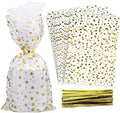 100 Pcs Star Printed 6"X10" Gift Wrap Cello Cellophane Treat Bags Party Favor bags Clear Candy Cookie Bags Plastic Poly Goodie Storage Bags with Twist Ties for Bakery,Birthday, Wedding ,Party Decorations (Gold) by COQOFA