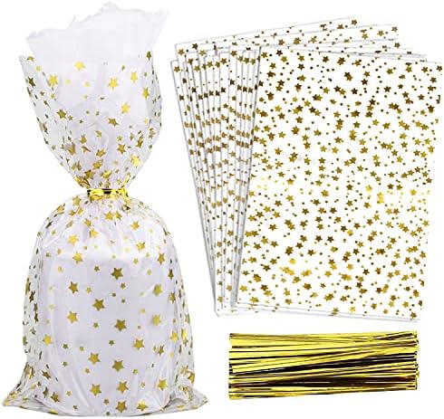 100 Pcs Star Printed 6"X10" Gift Wrap Cello Cellophane Treat Bags Party Favor bags Clear Candy Cookie Bags Plastic Poly Goodie Storage Bags with Twist Ties for Bakery,Birthday, Wedding ,Party Decorations (Gold) by COQOFA