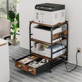 Extra Large Printer Stand with 2 Farbic Drawer, 3 Tier Printer Table with 4-Adjustable Heights, Rolling Printer Cart with Storage for Printer Scanner Fax Home Office Use, Rustic Black and Brown by Homeiju