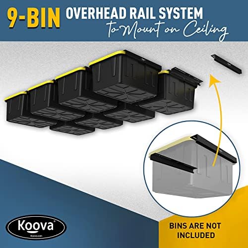 Koova Heavy-Duty Overhead Garage Storage Rack for 9 Bins. Adjustable Width, 360lb Capacity. DIY Safe Mount, Easy Install. Fits 27-Gallon Totes. USA Made Pro-Grade Steel. Space Saving Organizer - Image 2