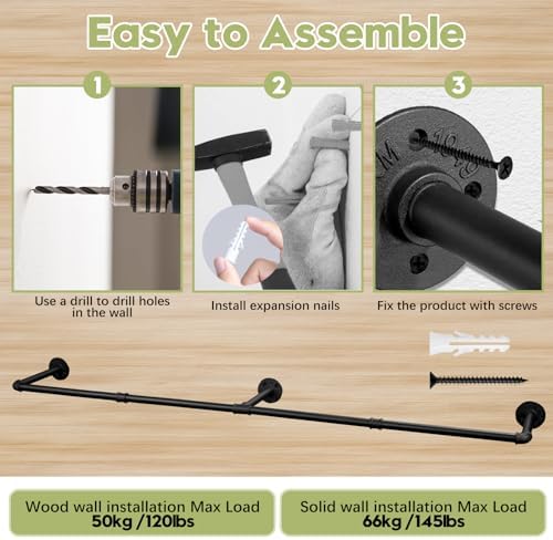 Industrial Pipe Clothing Rack, 66.1" Wall Mounted Clothes Rack Set of 2, Heavy Duty Closet Rod for Hanging Clothes, Space-Saving Detachable Iron Wall Garment Bar 3 Base - Image 6