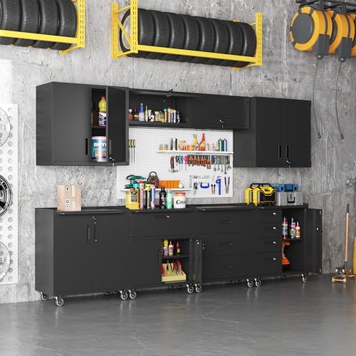 Black Garage Storage Cabinets System 8PCS Workshop Set with Drawers Locking Heavy Duty Rolling Cart with Adjustable Shelves Garage Tool Workbench Cabinets,8pcs-3 - Image 2