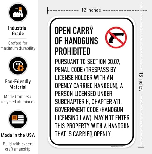 No Open Carry of Handgun Prohibited Texas §3007 Sign, - Image 3