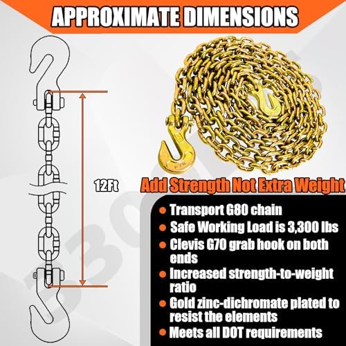 YATOINTO G80 1/4 Inch x 12 Foot Chain Tow Chain with Clevis Grab Hooks 3,300 lbs Safe Working Load Logging Chain for Transporting Towing Tie Down Binding Equipment - Image 3