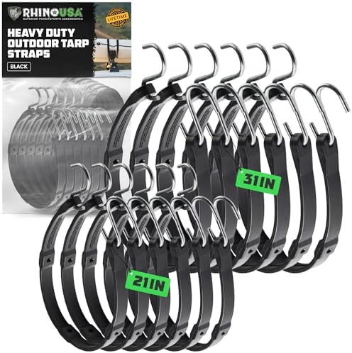 Rhino USA Rubber Bungee Cords with Hooks (12-Pack) - Heavy Duty Outdoor by RhinoUSAInc