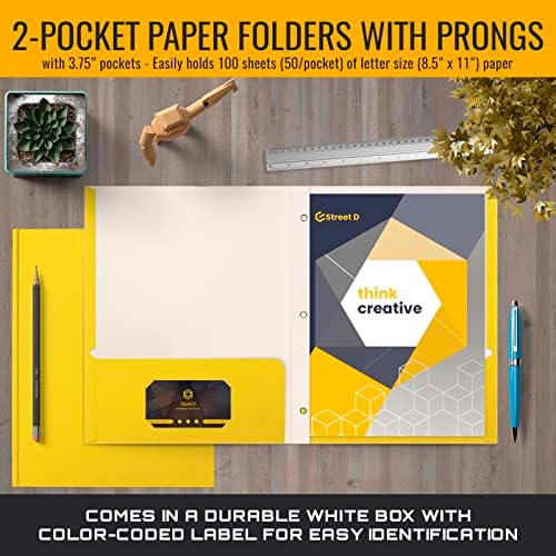 Better Office Products Yellow Paper 2 Pocket Folders with Prongs, 50 Pack, Matte Texture, Letter Size Paper Folders, 50 Pack, with 3 Metal Prong Fastener Clips, Yellow - Image 2