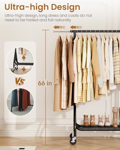 Heavy Duty Garment Rack, Metal Clothes Rack Load 450 LBS, Rolling Clothing Racks for Hanging Clothes with Lockable Wheels, Wardrobe Closet Coat Racks for Bedroom, Black - Image 5