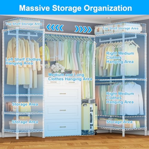 ULIFHOME E10L L-Shaped Clothes Rack for Corner（With Expandable Hanger Rod）Heavy Duty Freestanding Clothing Racks for Hanging Clothes，Portable Garment Rack 58-82"W x 30"D x 72"H，Max Load 900LBS, White - Image 3
