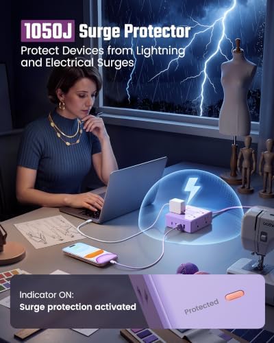 SUPERDANNY Purple Extension Cord 10Ft Flat Plug Power Strip Surge Protector - Image 6