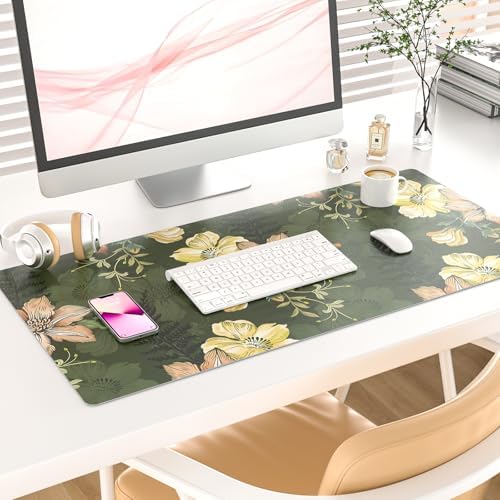 Faux Leather Large Mouse Pad, Office Desk Mat, 31.5"x15.7", Bold Flowers - Image 2