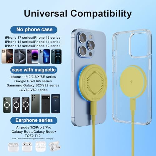 MagSafe Charger 2 Pack 15W Magnetic Wireless Charger Fast Charging Pad Compatible with iPhone 17/16/15/14/13/12 Series & AirPods 3/2/Pro Magnetic MagSafe Charging Pad with Dual Ports-Yellow - Image 7