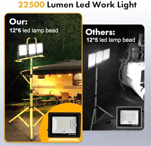 225W 22500 Lumen Work Lights with Stand, Three Head LED Work Light with Individual Switch, 16FT Power Cord, IP66 Waterproof, Adjustable Metal Telescoping Tripod for Indoor and Outdoor - Image 2