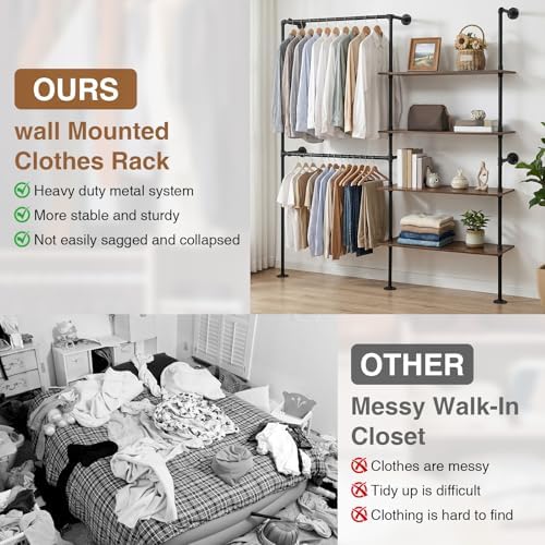 Industrial Pipe Clothing Rack with Double Hanging Rods Wall Mounted Garment Hanger Large Capacity Heavy Duty Clothes Organizer Wooden Clothes Storage Shelves for Walk In Closet Storage/Laundry Room - Image 3