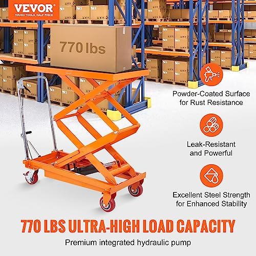 VEVOR TFD35 Hydraulic Lift Table Cart, 770lbs Capacity 59" with 4 Wheels and Non-Slip Pad, for Material Handling and Transportation, Orange - Image 2