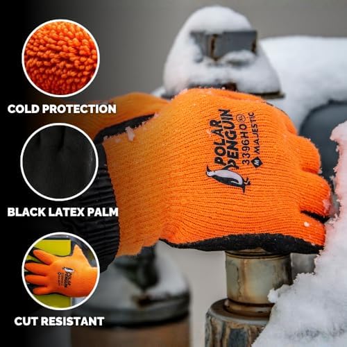 Majestic Polar Penguin Winter Lined Napped Terry Glove with Foam Latex Dipped Palm | 1 Dozen - MED | ANSI A2, Heavyweight Glove, Hiviz Orange/Black | for Automotive, Industrial, Manufacturing | 3396HO - Image 2