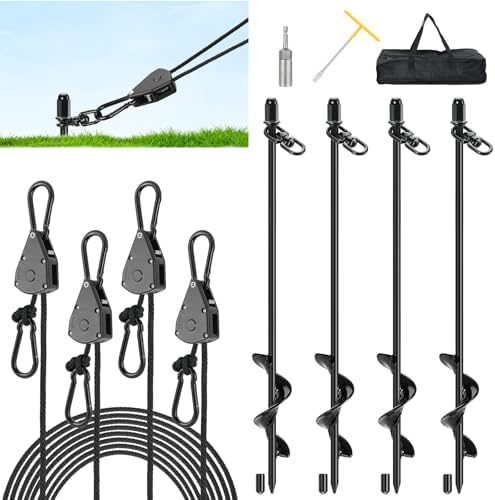 Tinnmao 4-Pack 17.7" Tent Stakes Heavy Duty, with 8" Ratchet Tie Down Straps (1/8" φ) Kit for High Wind, 8mm Solid Steel Spiral Ground Anchors Screw in for Tarp | Canopy | Sand Beach Camping Tent by TINNMAO