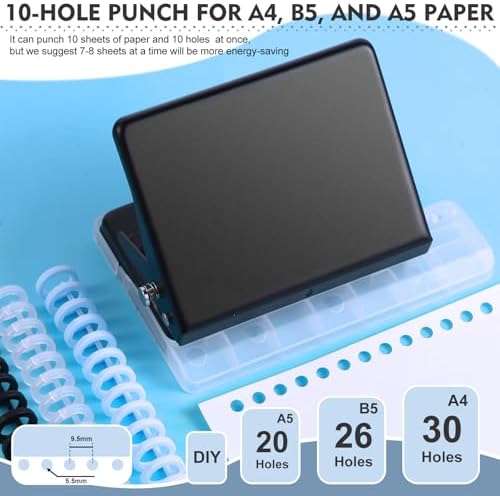 10 Hole Punch Binding Machine for Planner, Metal Binder Machine Kit with 10Pcs Plastic Comb Binding Spines & 30Pcs Loose Leaf Binder Rings, Binder Hole Puncher for A4, A5 and B5 Paper - Image 3