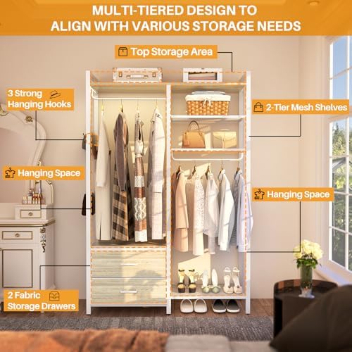 78.7'' Clothes Rack for Hanging Clothes - Reversible Clothing Rack with 2 Drawers, Heavy Duty Garment Racks with Shelves, 6 Tiers Freestanding Closet Wardrobe System with Hanging Hooks, White Oak - Image 4