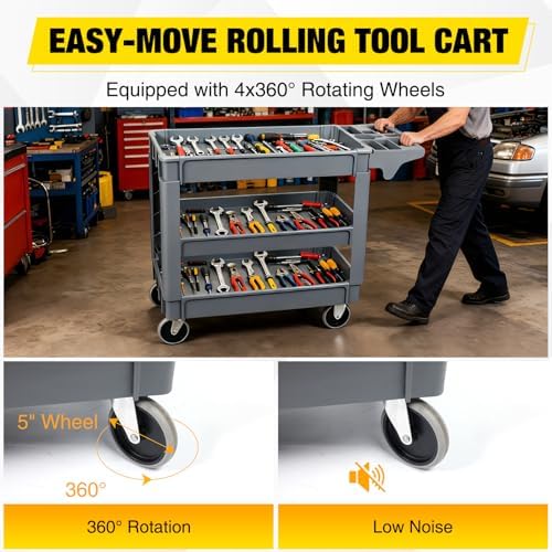 Heavy Duty 3-Shelf Plastic Utility Cart - 550 lbs Capacity Rolling Service Cart with 5" TPU Silent Wheels & Integrated Tool Handle - Grey - Image 5