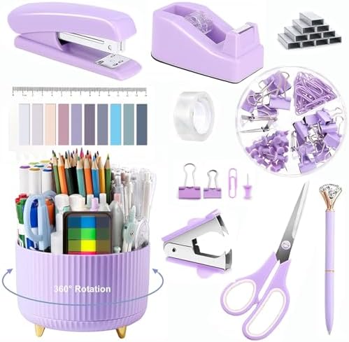 Office Supplies,Purple Desk Accessories,Office Supplies Set,Desk Organizer,Stapler,Tape Dispenser,Scissors,Staple Remover,Binder Clips,Staples,Ballpoint Pen,Index Tabs with Ruler,Clear Tape.10pcs by suniya