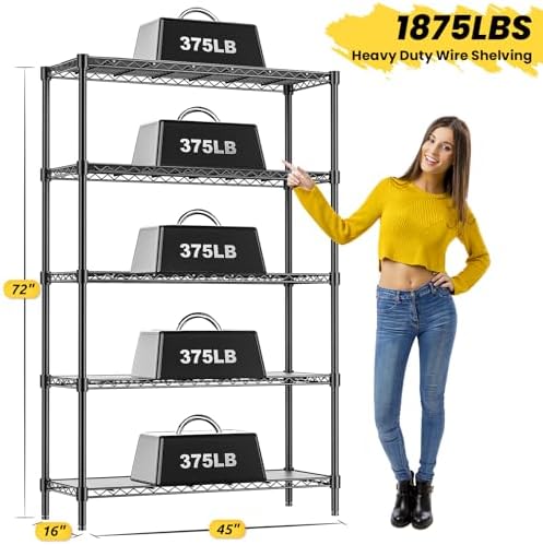 45" W Storage Shelves 5 Tier Wire Shelving, Adjustable Metal Shelving Unit with Shelf Liners, 1875LBS Heavy Duty Storage Rack for Garage Pantry Kitchen Commercial, 45" W x 16" D x 72" H, Black - Image 3
