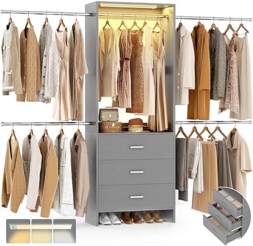 Aheaplus Closet System with Motion-Sensing Light, 3 Wooden Drawers and 4 Hanging Rods, Customizable Walk-in Closet Organizer with 3CCT LED, Heavy Duty Garment Rack for Bedroom,Grey by Aheaplus