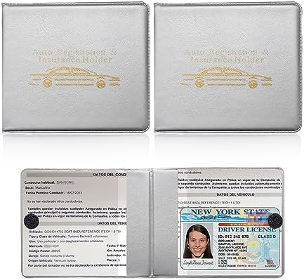 Ziciner Car Registration Insurance Holder, 2Pack Essential Auto Card Document Glove Box Organizer with Touch Fastener, Vehicle Interior Accessories Perfect for Most Car, Truck, SUV (Gray/Gold Words) by Ziciner