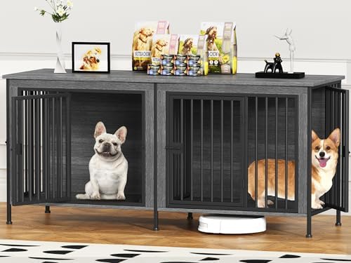EasyCom 63" Dog Crate Furniture for 1 or 2 Dogs, 20-35 Pounds, Dark Grey by EasyCom
