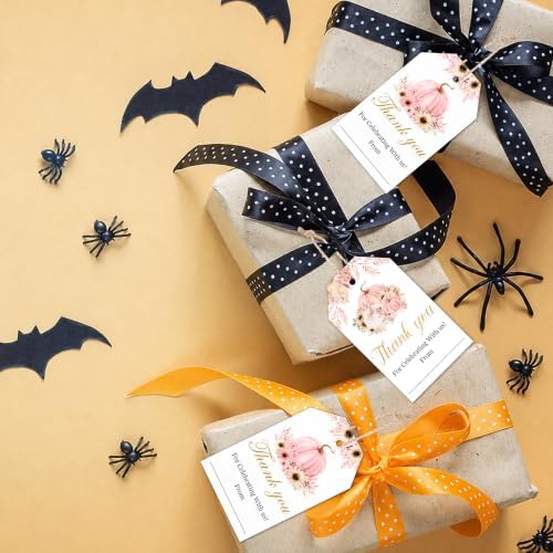 Pink Pumpkin Fall Gift Tags with String, 50PCS Thanksgiving Hanging Tags for Gift Wrapping, Autumn Harvest Thank You Labels for Friendsgiving, Party Favors, Bakery Packaging, DIY Crafts - A05 - Image 4
