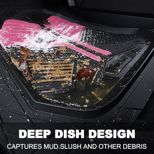CAR PASS Heavy Duty Rubber Car Mats, Deep Dish Car Floor Mats All Weather, Car Mats Full Set 3-Piece Trim to Fit for Sedans SUVs Trucks,Women Waterproof Anti-Slip Automotive Mats, V12 Black and Pink - Image 5