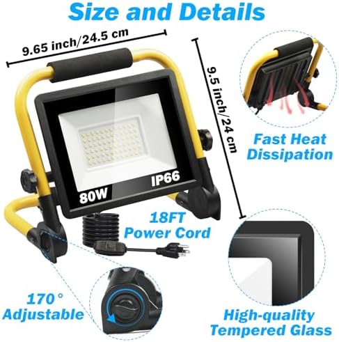 9600LM LED 80W Work Light, Portable Flood Light with 18FT Cord, IP66 Waterproof 5000K Worklight Floodlight for Outdoor, Job Site Workshop Garage Construction Site Lighting - Image 7