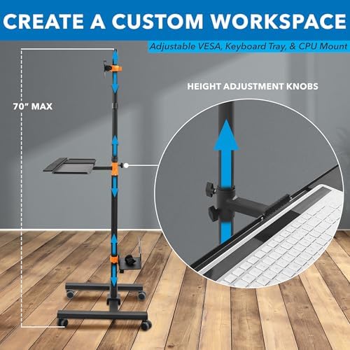 Mount-It! Rolling Computer Cart on Wheels, Mobile Desk Workstation with Monitor Mount for up to 32" Screen, Full Keyboard Tray, Floating Adjustable CPU Holder, Standing up to 70" Tall - Image 5