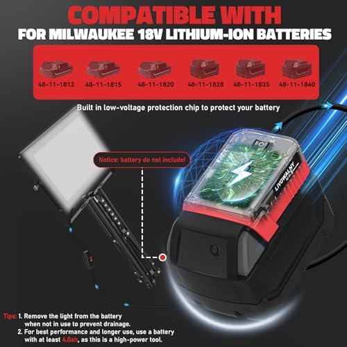 LIVOWALNY 200W LED Work Lights with Stand Compatible with Milwaukee Battery, 2PCS 20000LM Portable Tower Light IP66 Waterproof with 13FT Cord, Foldable Tripod Floodlight Garage Job Site(Tool Only) - Image 3
