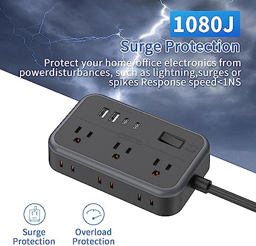 10 in 1Power Strip NTONPOWER Ultra Thin Flat Plug Extension Cord with 4 USB Ports(Include 2 USB C) Surge Protector Power Strip with Flat Cord 6 Widely Spaced Outlet(2 Side) 5 Ft Extension Cord-Black - Image 6