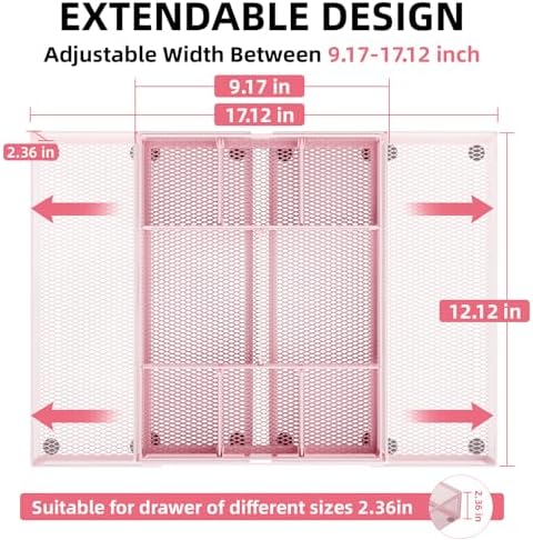Marbrasse Expandable Desk Drawer Organizer, Mesh Tray with 10 Adjustable Compartments, Desk Organizers for Office Supplies, Makeup & Vanity (Expandable-Pink) - Image 2