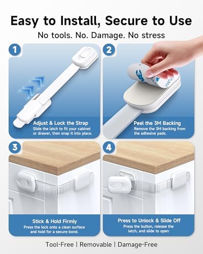 Infinno 8 Pack Cabinet Locks Baby Proofing Heavy Duty - Child Safety Cabinet Locks for Drawers, Cupboards & Fridge – No Drill 3M Adhesive Locks for Pets - Toddler Safety Latches - Image 4