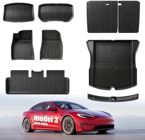 Floor Mats Compatible with Tesla Model 3 2024-2026 Highland 5-Seater, All Weather TPE Waterproof Odorless Complete Set with Seat Back Liner & Trunk Sill Guard Interior Accessories (8PCS) by AbvesiAutomotiveParts