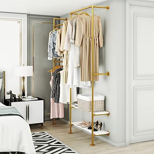 KaKaBB Gold Pipe Clothing Rack, Double Hanging Rods Clothes Rack with Shelves, Heavy Duty Wall Mounted Clothes Rack for Wardrobe, Bedroom, and Walk-in Closet System(Gold) - Image 3