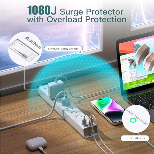 Power Strip Surge Protector with USB C - Flat Plug Extension Cord - Image 6